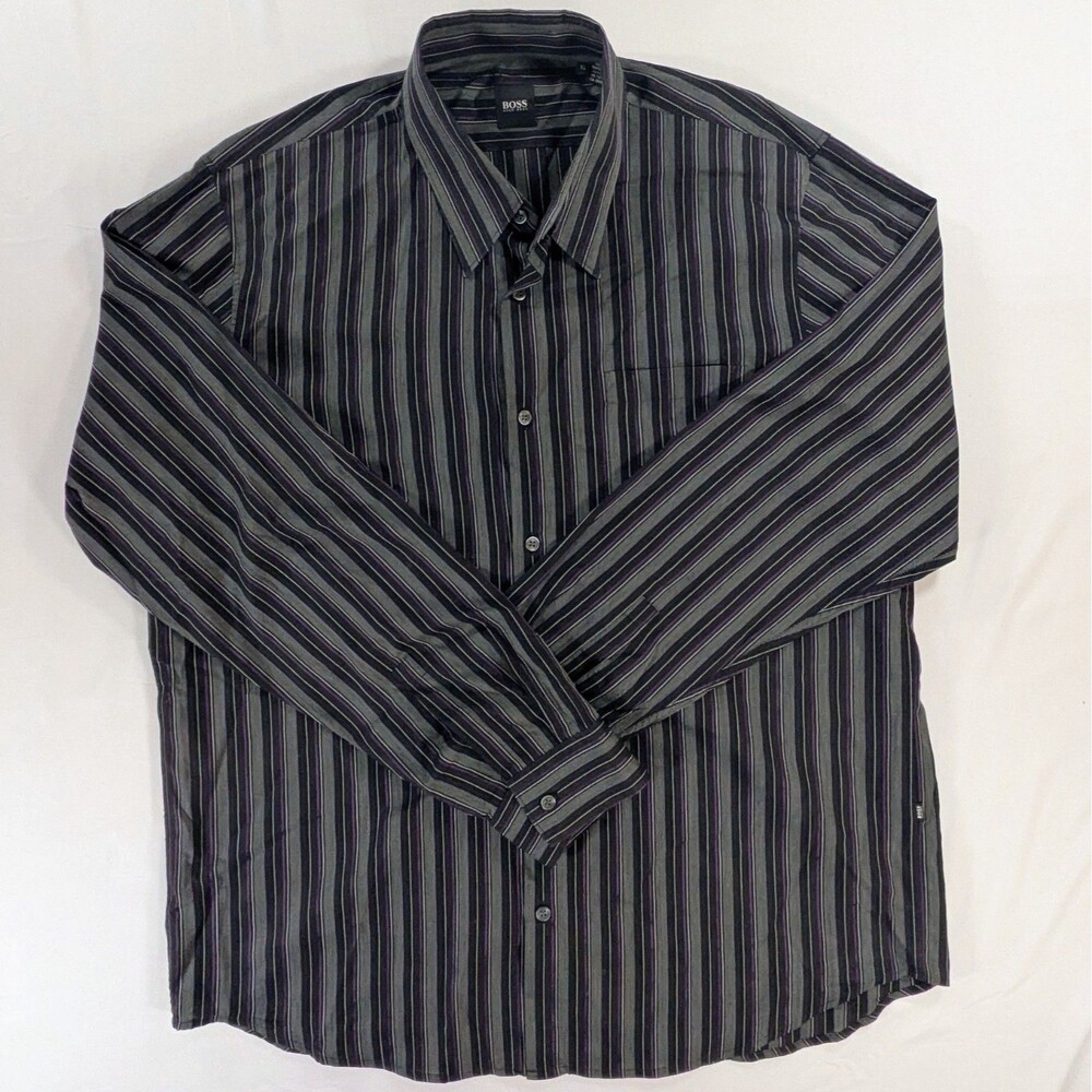 Hugo Boss Men L Black Gray Purple Stripe Button Down Shirt Cotton Flaw